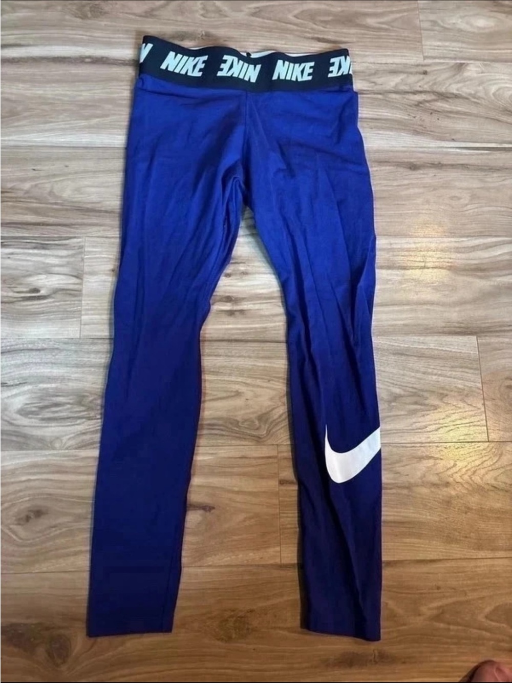 Nike Royal Blue Women's Leggings with White Swoosh Waistband